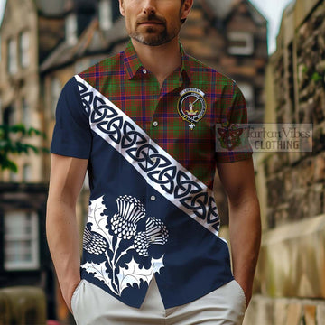 Lumsden Tartan Short Sleeve Button Shirt Featuring Thistle and Scotland Map