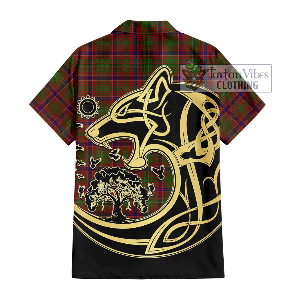 Tartan Vibes Clothing Lumsden Tartan Short Sleeve Button Shirt with Family Crest Celtic Wolf Style