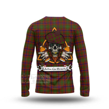 Lumsden Tartan Long Sleeve T-Shirt with Family Crest and Bearded Skull Holding Bottles of Whiskey