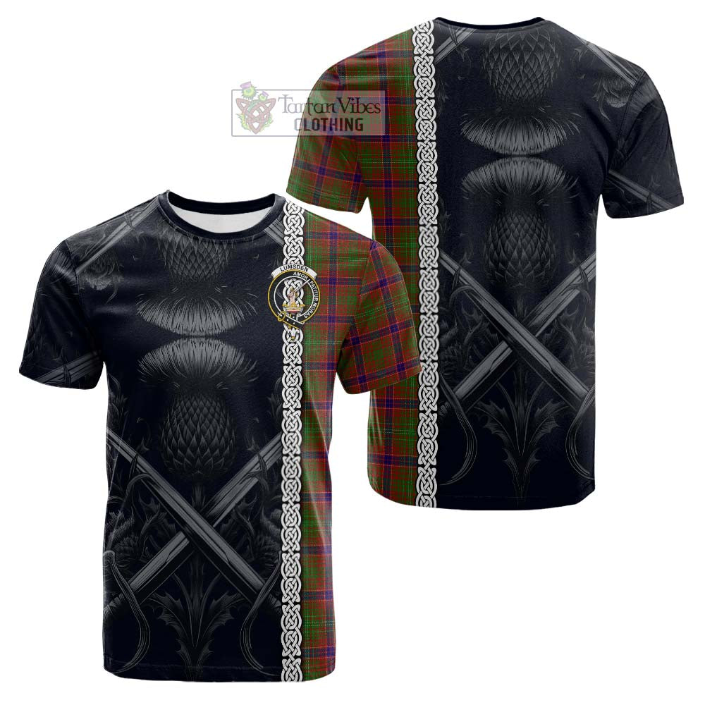 Tartan Vibes Clothing Lumsden Tartan Cotton T-shirt with Family Crest Cross Sword Thistle Celtic Vibes