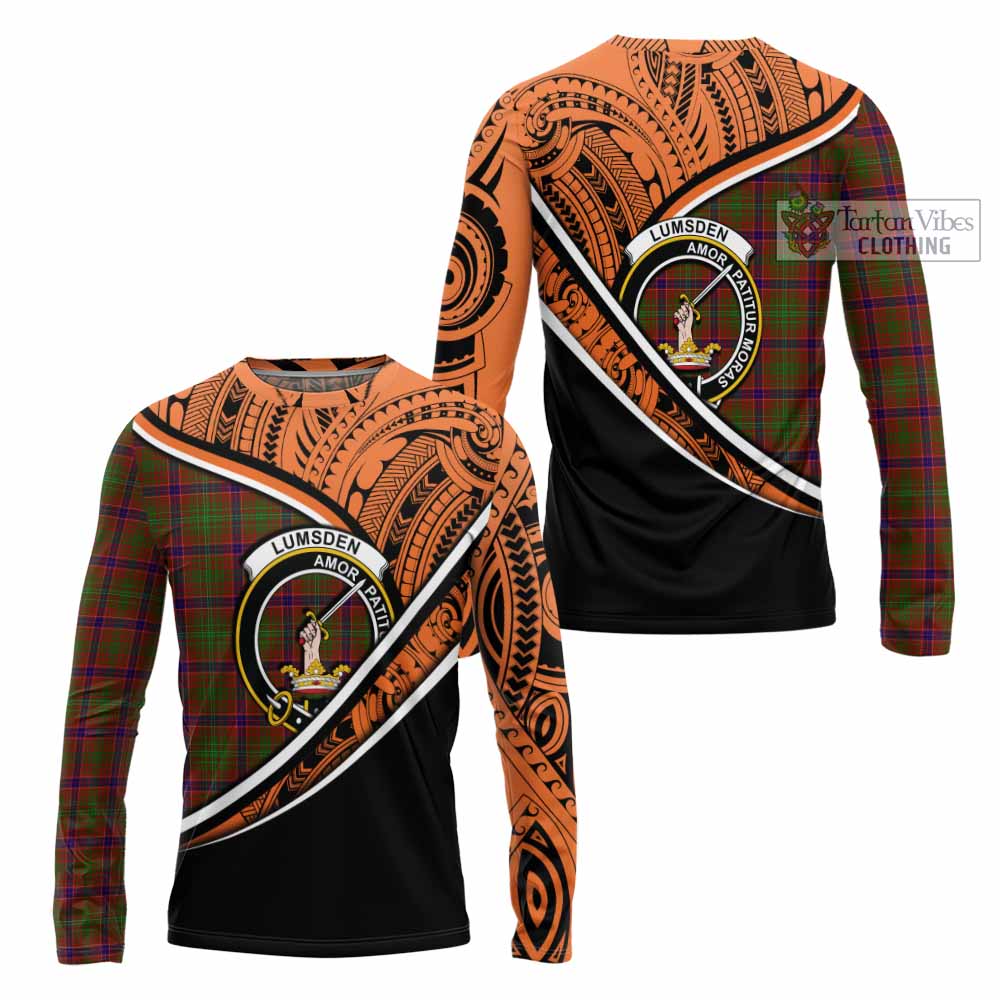 Tartan Vibes Clothing Lumsden Crest Tartan Long Sleeve T-Shirt with Maori Tattoo Style - Orange Version