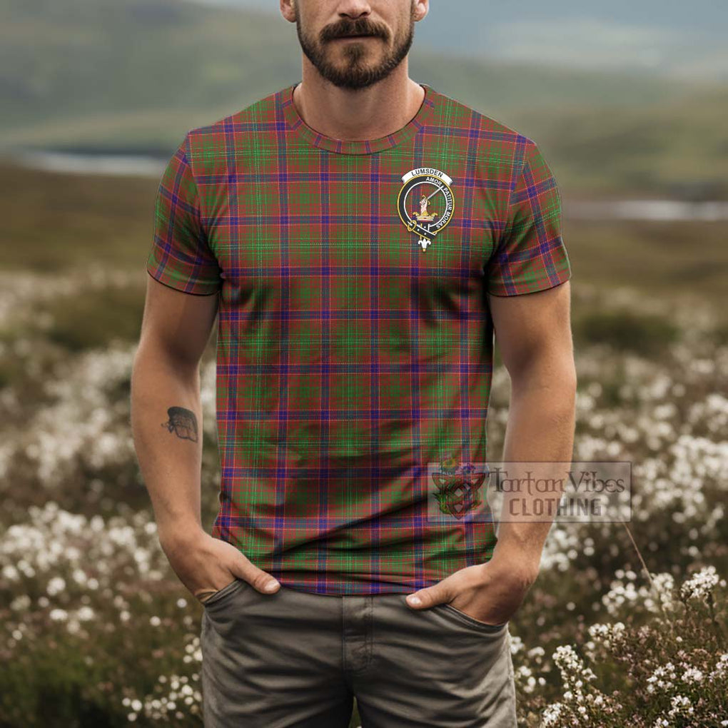 Tartan Vibes Clothing Lumsden Tartan T-Shirt with Family Crest and Bearded Skull Holding Bottles of Whiskey