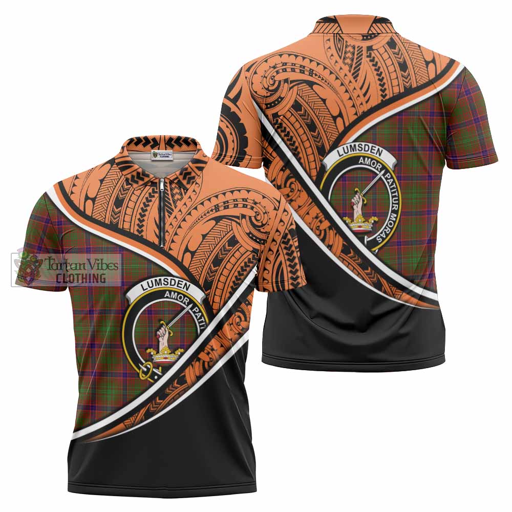 Tartan Vibes Clothing Lumsden Crest Tartan Zipper Polo Shirt with Maori Tattoo Style - Orange Version