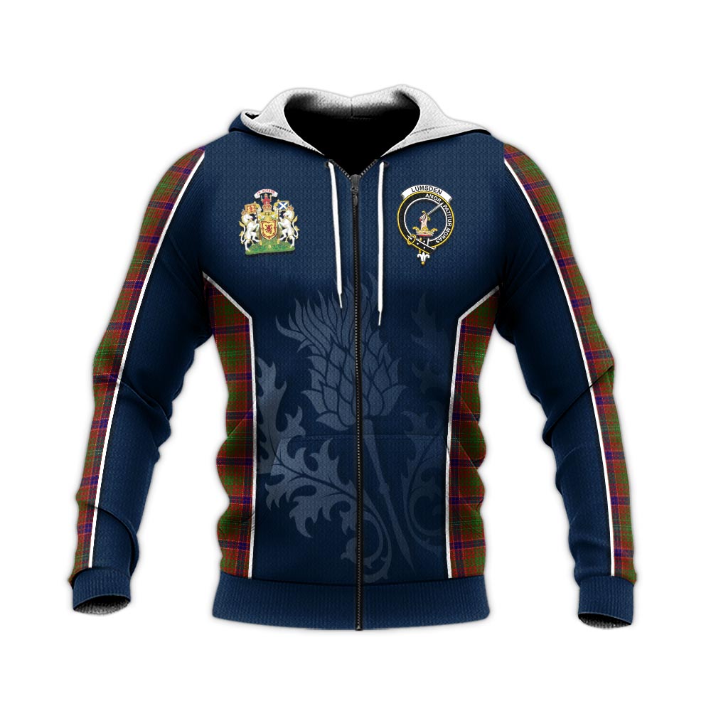 Tartan Vibes Clothing Lumsden Tartan Knitted Hoodie with Family Crest and Scottish Thistle Vibes Sport Style