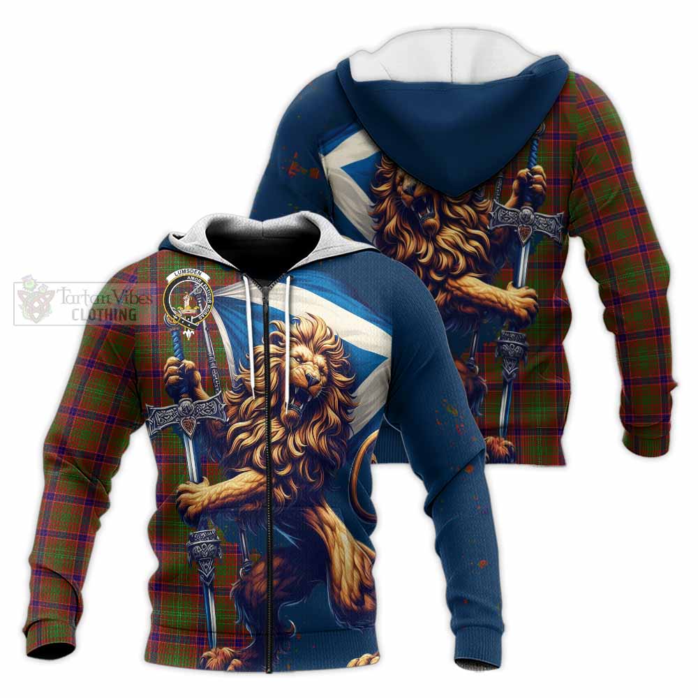 Tartan Vibes Clothing Lumsden Tartan Family Crest Knitted Hoodie with Scottish Majestic Lion