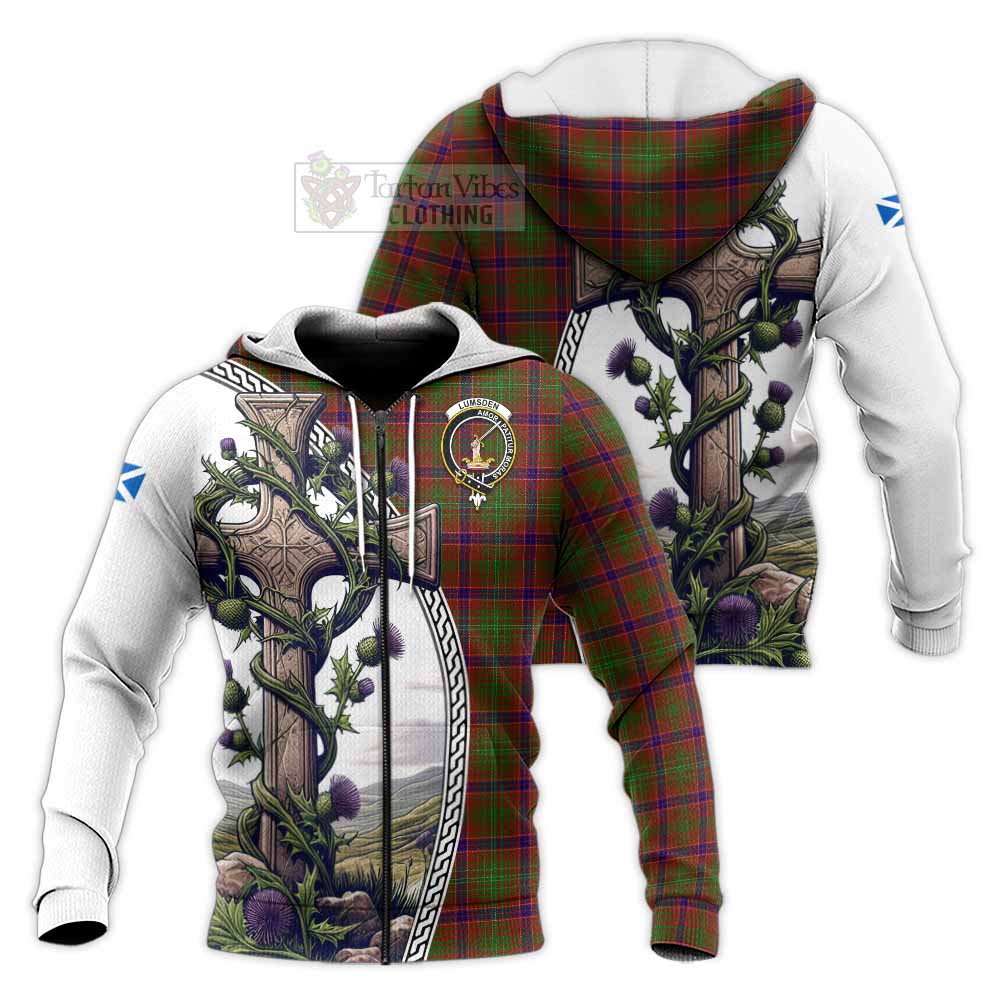 Tartan Vibes Clothing Lumsden Tartan Knitted Hoodie with Family Crest and St. Andrew's Cross Accented by Thistle Vines