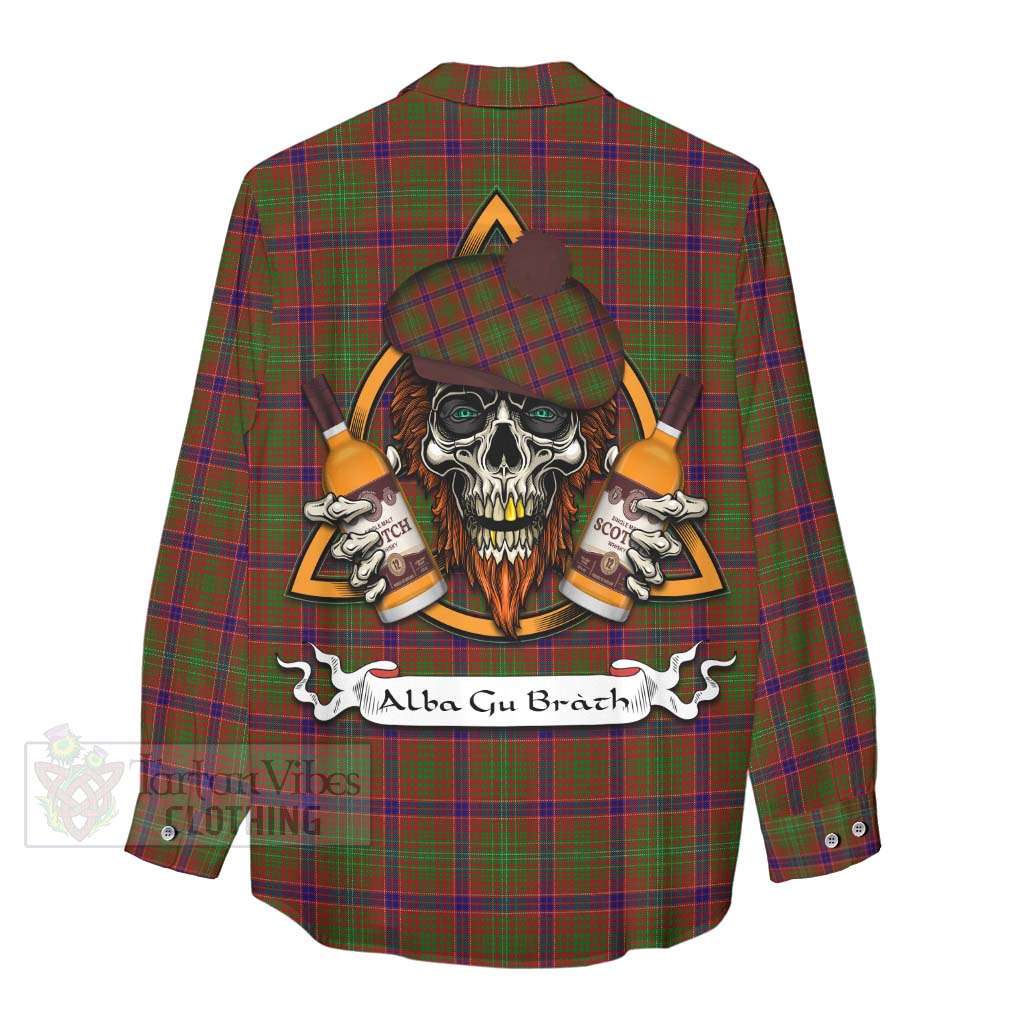 Tartan Vibes Clothing Lumsden Tartan Women's Casual Shirt with Family Crest and Bearded Skull Holding Bottles of Whiskey