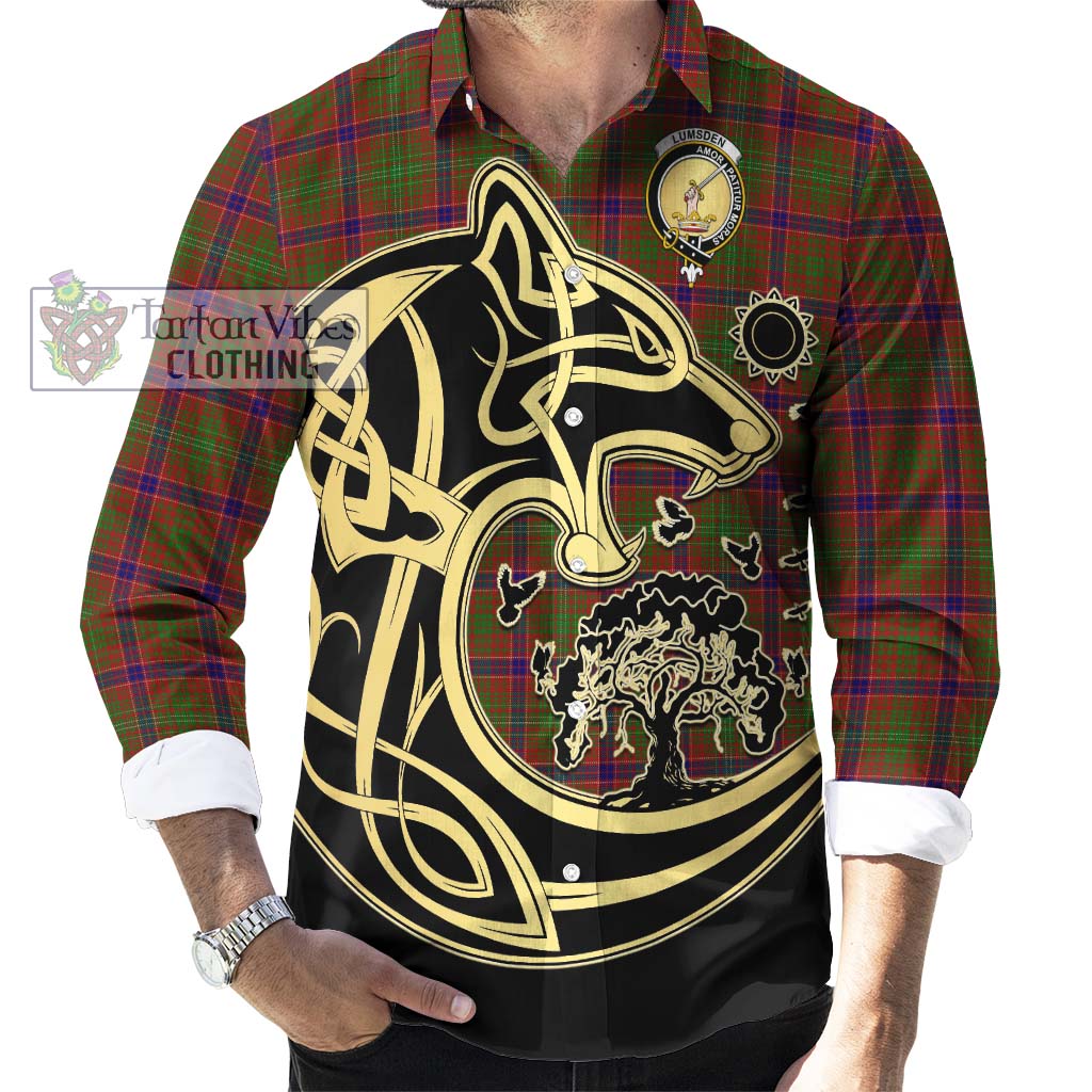 Tartan Vibes Clothing Lumsden Tartan Long Sleeve Button Shirt with Family Crest Celtic Wolf Style