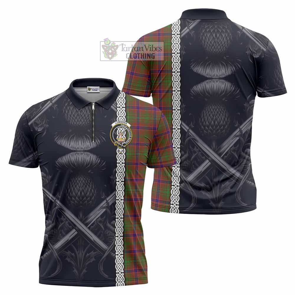 Tartan Vibes Clothing Lumsden Tartan Zipper Polo Shirt with Family Crest Cross Sword Thistle Celtic Vibes