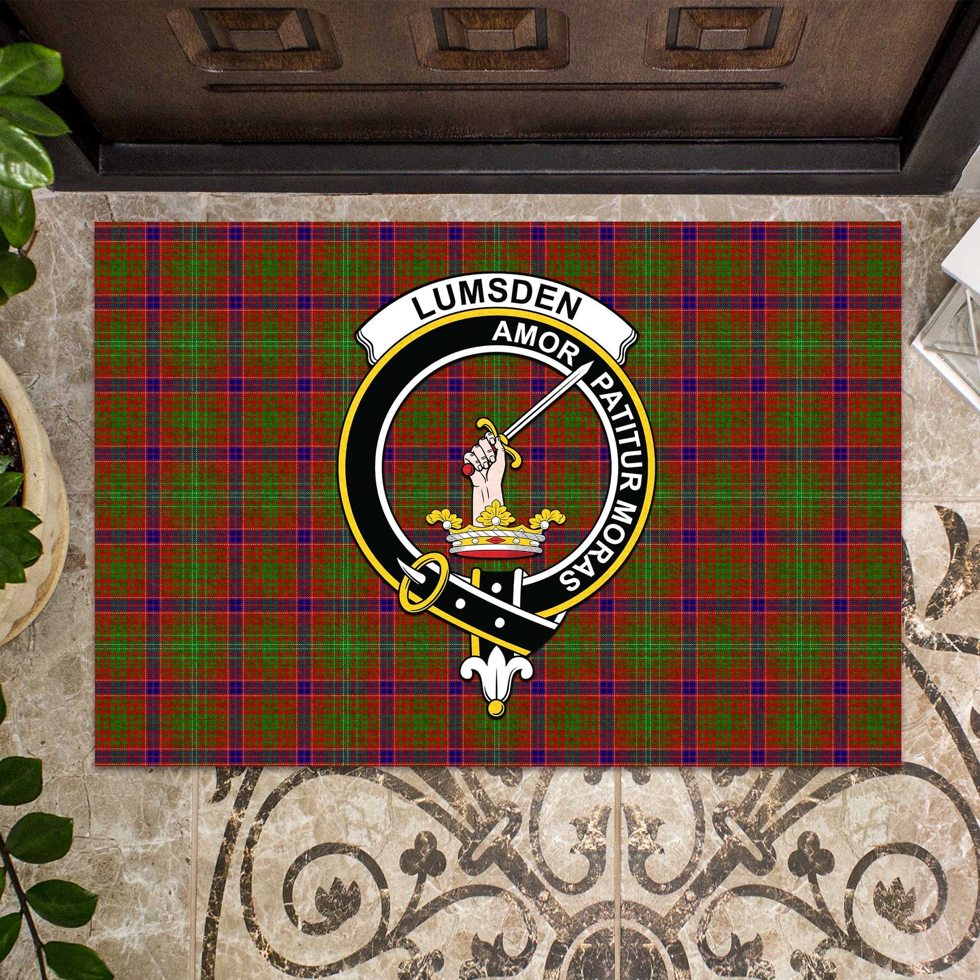 Lumsden Tartan Door Mat with Family Crest - Tartanvibesclothing