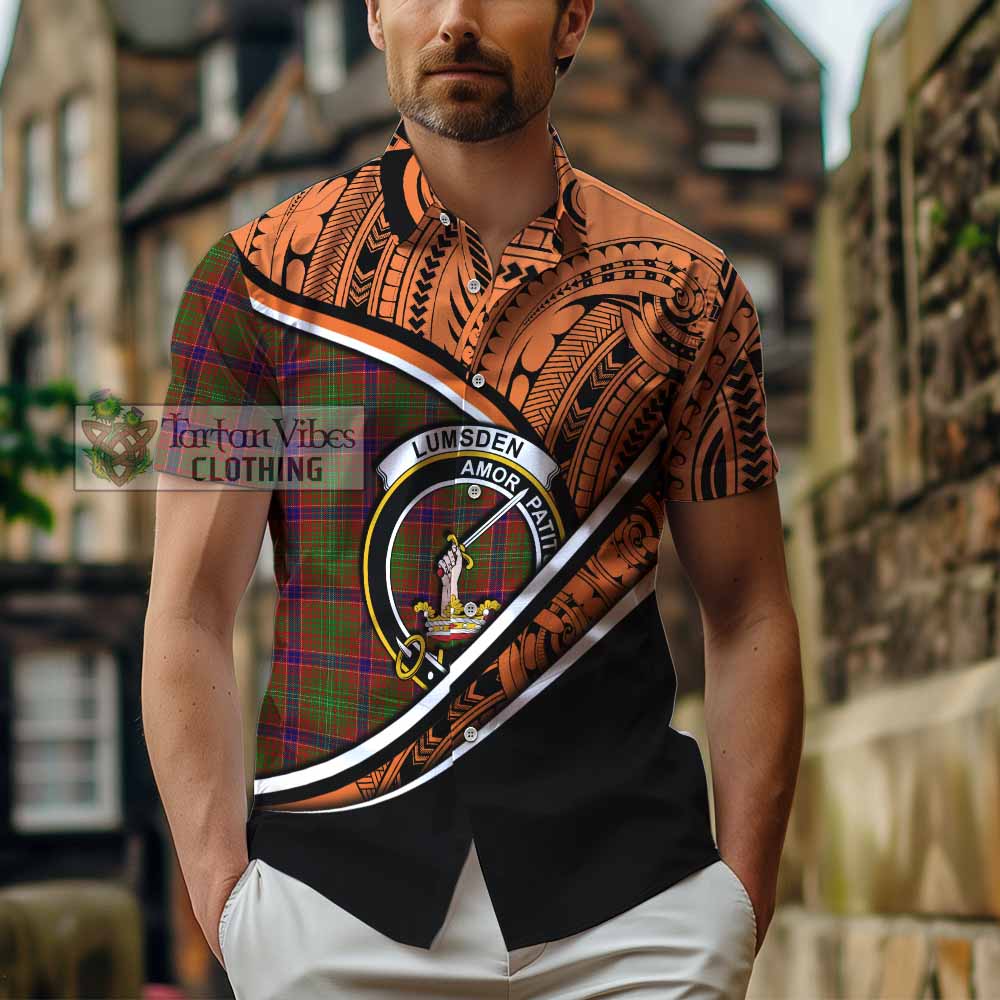 Tartan Vibes Clothing Lumsden Crest Tartan Short Sleeve Button Shirt with Maori Tattoo Style - Orange Version