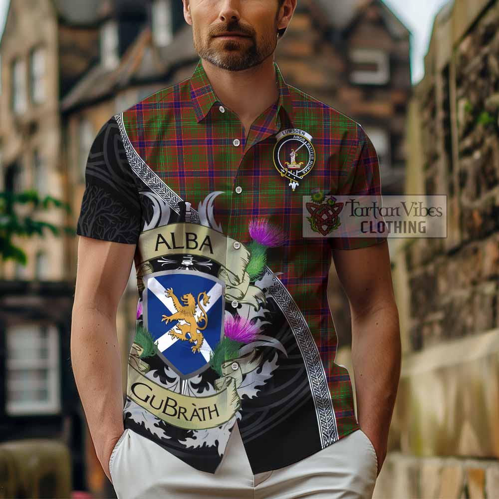 Lumsden Tartan Family Crest Hawaiian Shirt Lion Rampant Royal Thistle Shield Celtic Inspired - Tartan Vibes Clothing