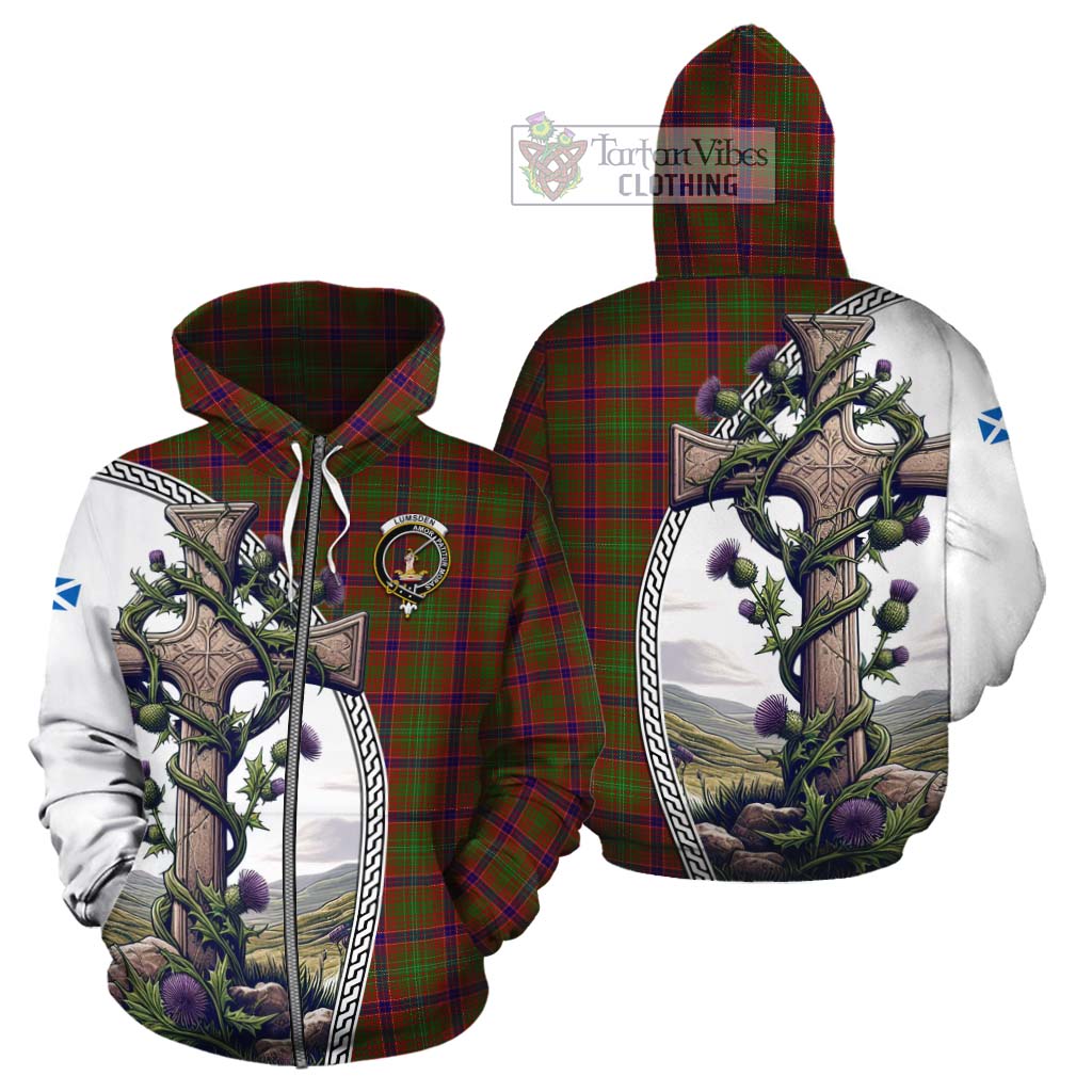 Tartan Vibes Clothing Lumsden Tartan Cotton Hoodie with Family Crest and St. Andrew's Cross Accented by Thistle Vines