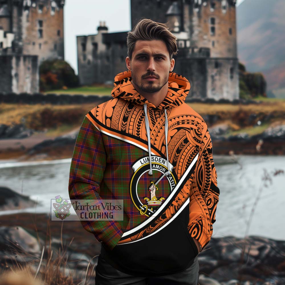 Tartan Vibes Clothing Lumsden Crest Tartan Cotton Hoodie with Maori Tattoo Style - Orange Version