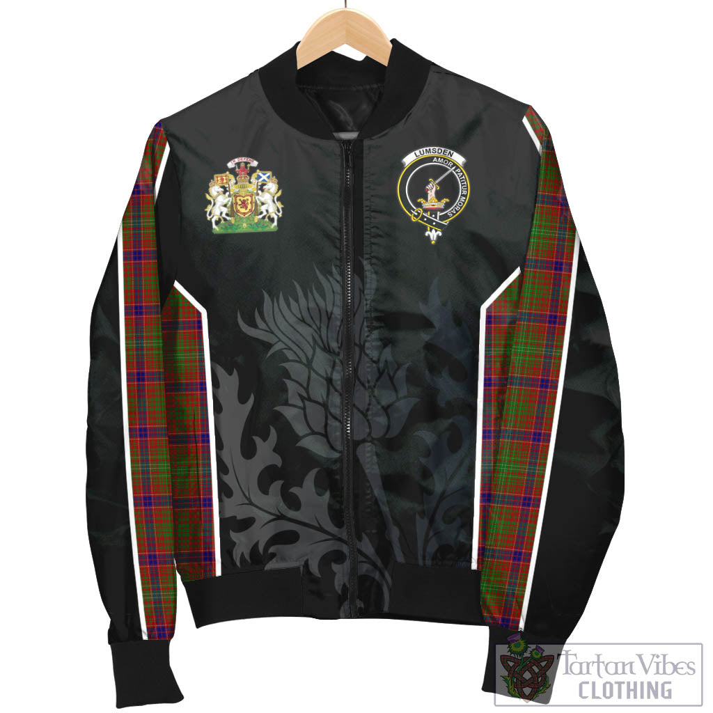 Tartan Vibes Clothing Lumsden Tartan Bomber Jacket with Family Crest and Scottish Thistle Vibes Sport Style