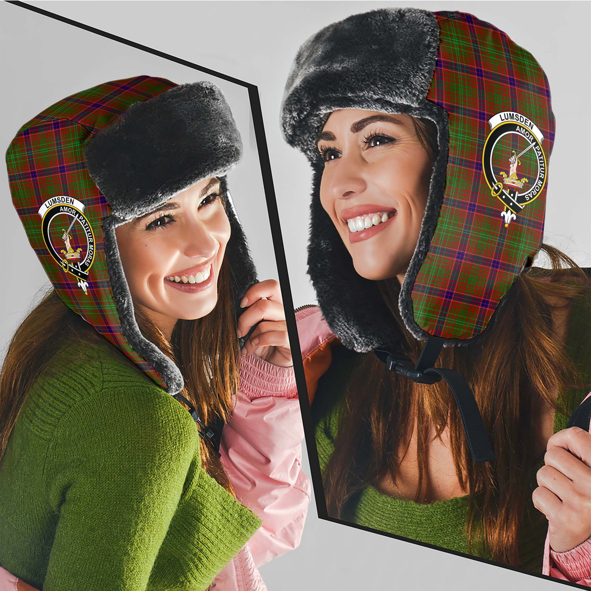 Lumsden Tartan Winter Trapper Hat with Family Crest - Tartanvibesclothing