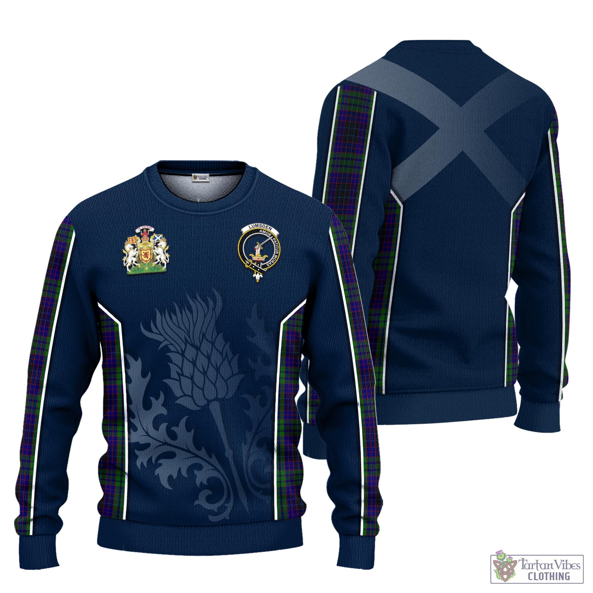 Tartan Vibes Clothing Lumsden Green Tartan Knitted Sweatshirt with Family Crest and Scottish Thistle Vibes Sport Style