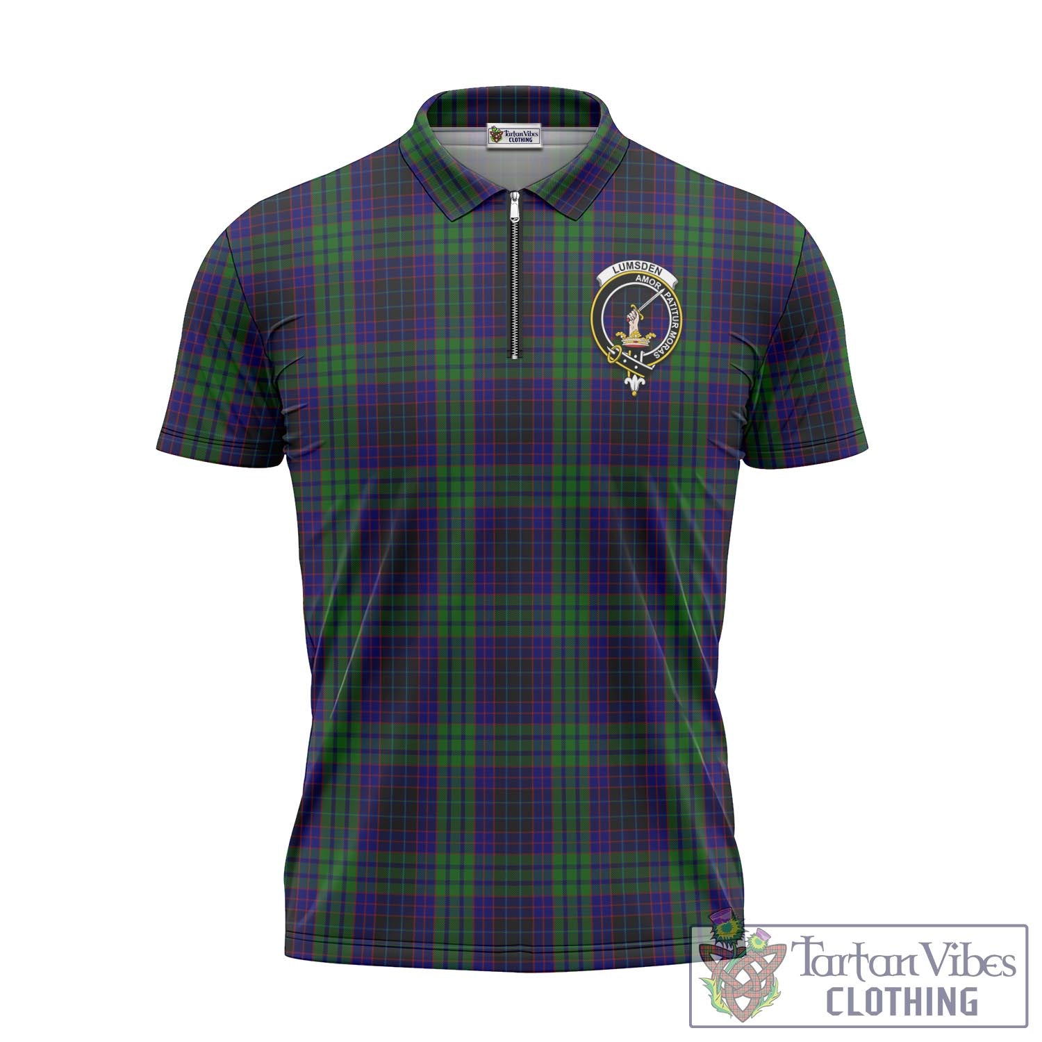 Tartan Vibes Clothing Lumsden Green Tartan Zipper Polo Shirt with Family Crest