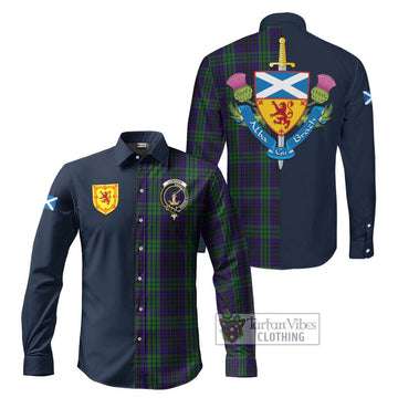 Lumsden Green Tartan Long Sleeve Button Shirt Alba with Scottish Lion Royal Arm Half Style