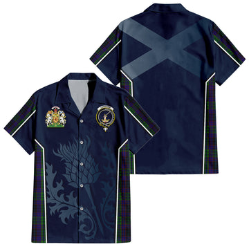 Lumsden Green Tartan Short Sleeve Button Up Shirt with Family Crest and Scottish Thistle Vibes Sport Style