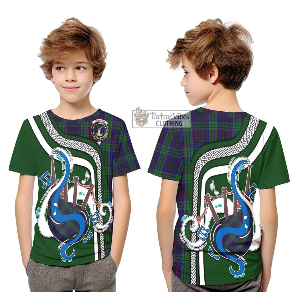 Tartan Vibes Clothing Lumsden Green Tartan Kid T-Shirt with Epic Bagpipe Style