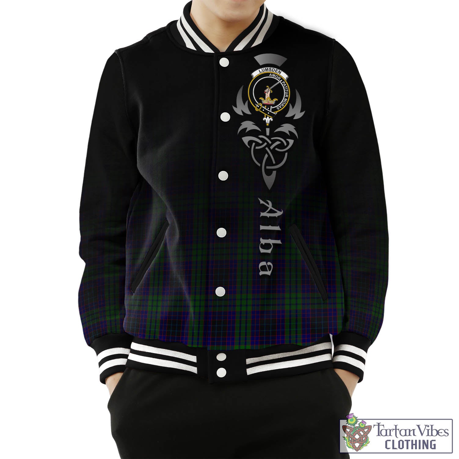 Tartan Vibes Clothing Lumsden Green Tartan Baseball Jacket Featuring Alba Gu Brath Family Crest Celtic Inspired