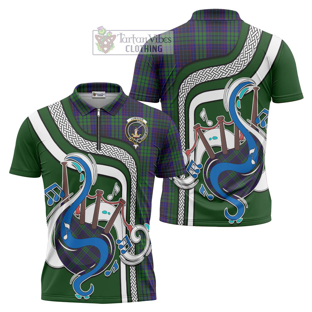 Lumsden Green Tartan Zipper Polo Shirt with Epic Bagpipe Style Unisex - Tartanvibesclothing Shop