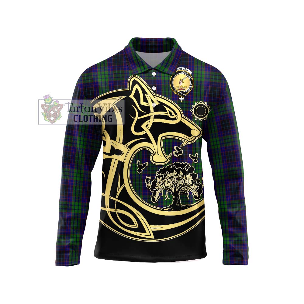 Tartan Vibes Clothing Lumsden Green Tartan Long Sleeve Polo Shirt with Family Crest Celtic Wolf Style