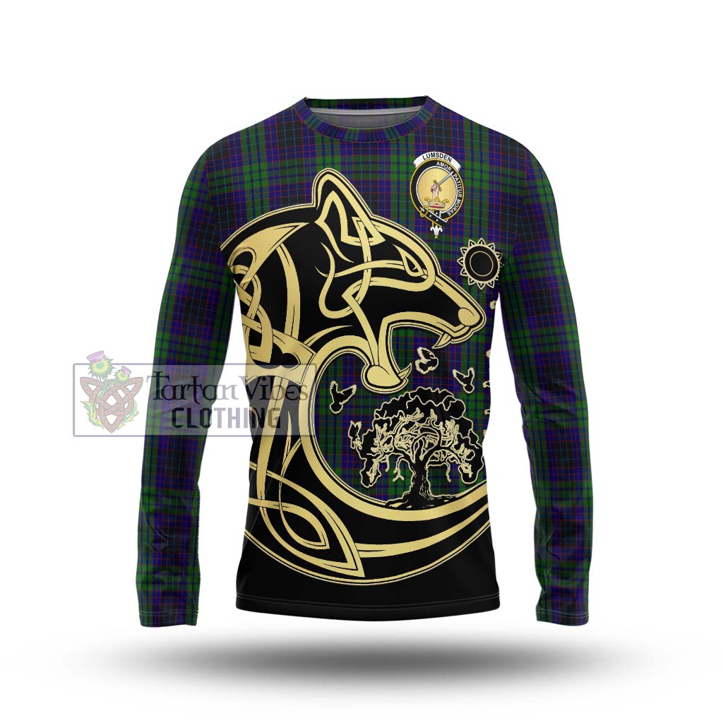 Tartan Vibes Clothing Lumsden Green Tartan Long Sleeve T-Shirt with Family Crest Celtic Wolf Style