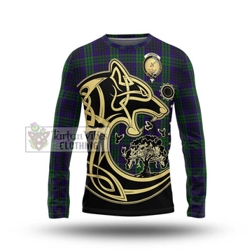 Lumsden Green Tartan Long Sleeve T-Shirt with Family Crest Celtic Wolf Style