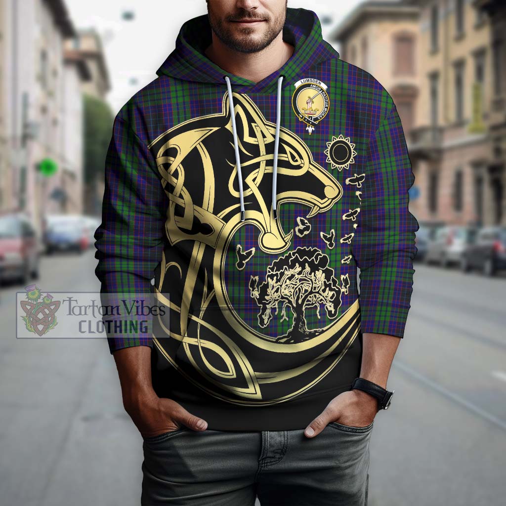 Tartan Vibes Clothing Lumsden Green Tartan Hoodie with Family Crest Celtic Wolf Style