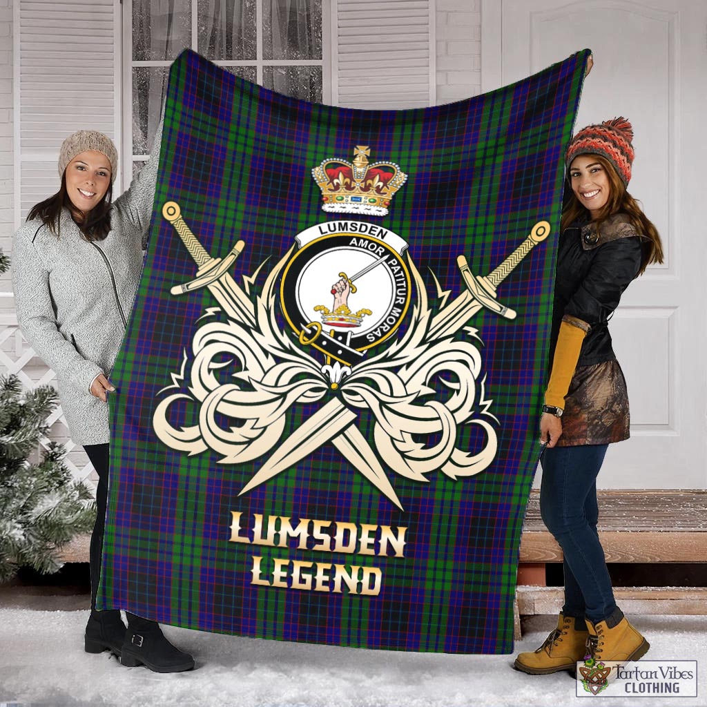 Tartan Vibes Clothing Lumsden Green Tartan Blanket with Clan Crest and the Golden Sword of Courageous Legacy