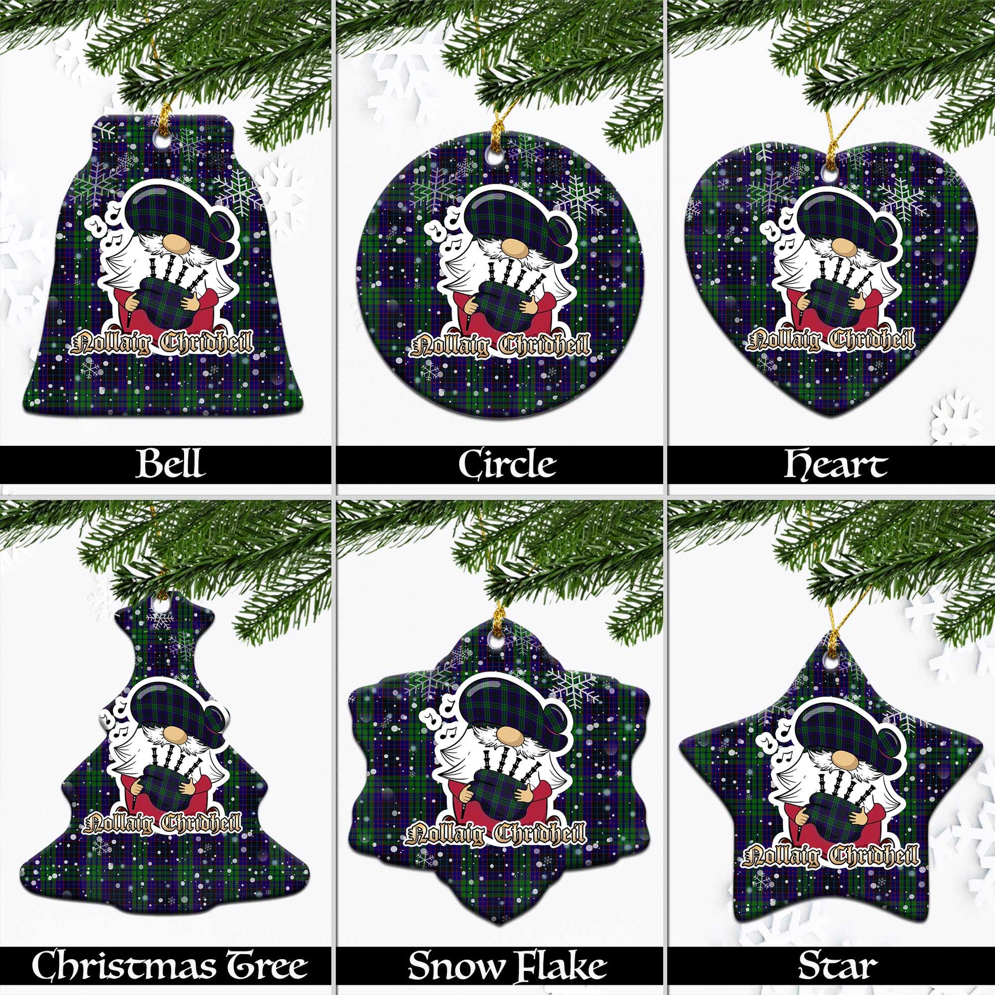 Lumsden Green Tartan Christmas Ornaments with Scottish Gnome Playing Bagpipes Ceramic - Tartanvibesclothing