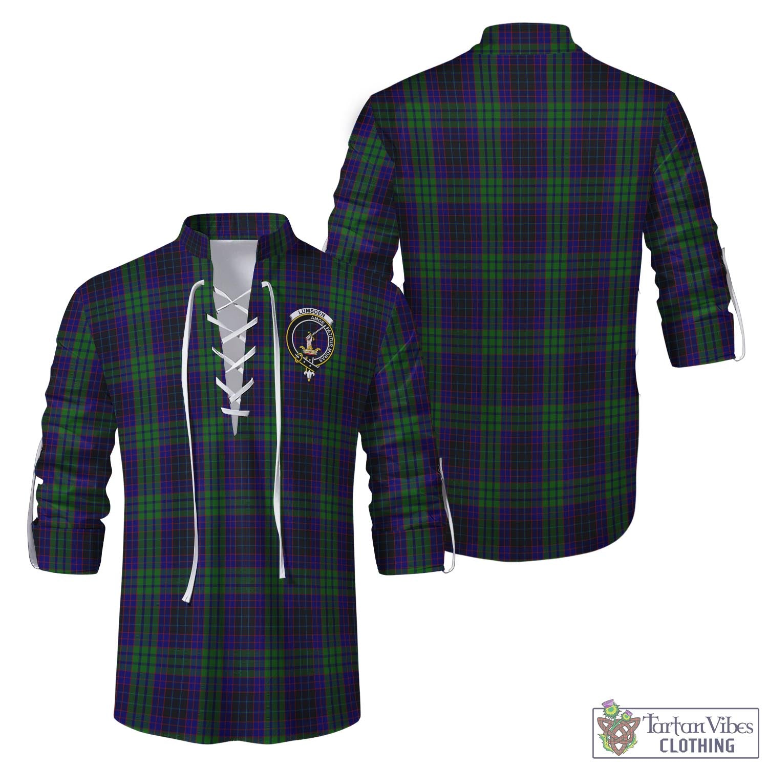 Tartan Vibes Clothing Lumsden Green Tartan Men's Scottish Traditional Jacobite Ghillie Kilt Shirt with Family Crest