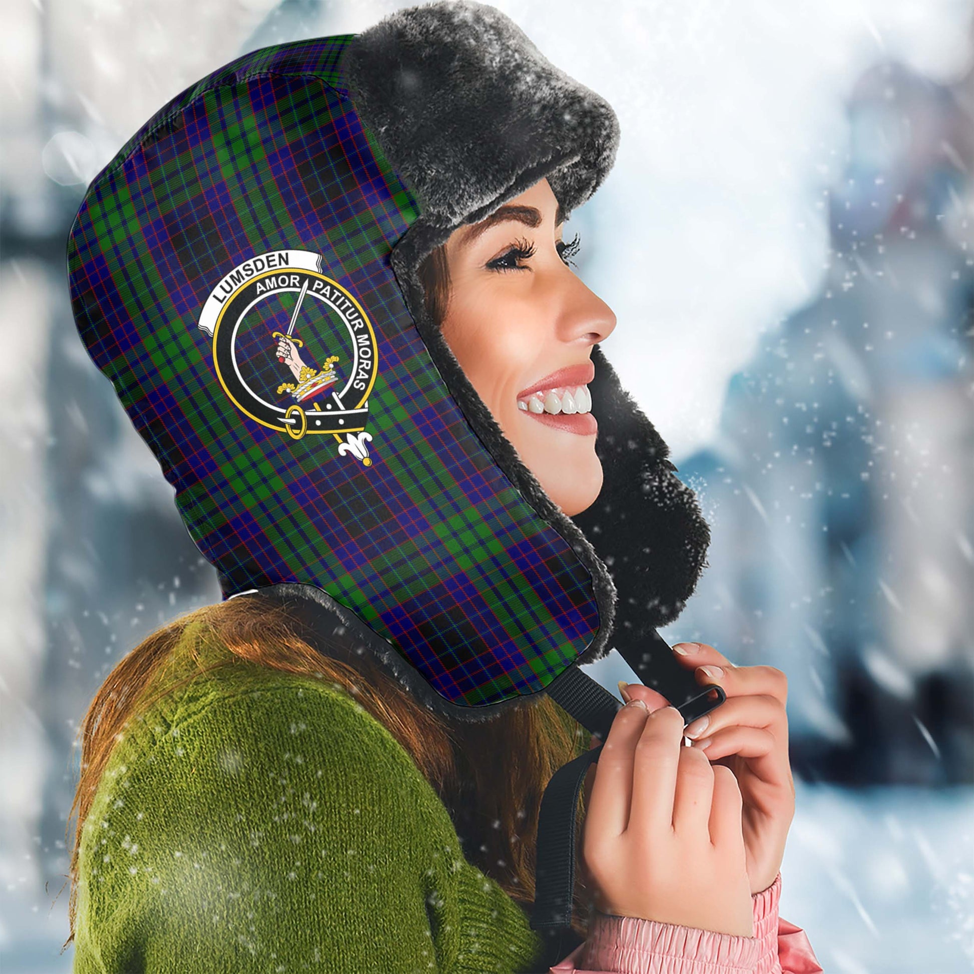 Lumsden Green Tartan Winter Trapper Hat with Family Crest Winter Trapper Hat Universal Fit Circumference 22.8in (58cm) - Tartanvibesclothing