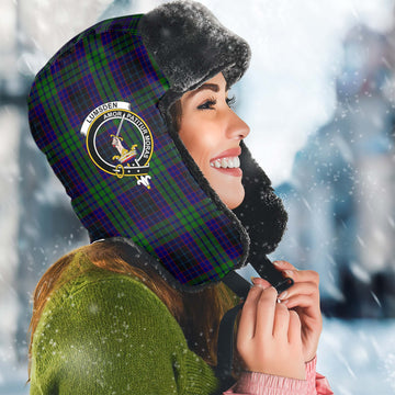 Lumsden Green Tartan Winter Trapper Hat with Family Crest