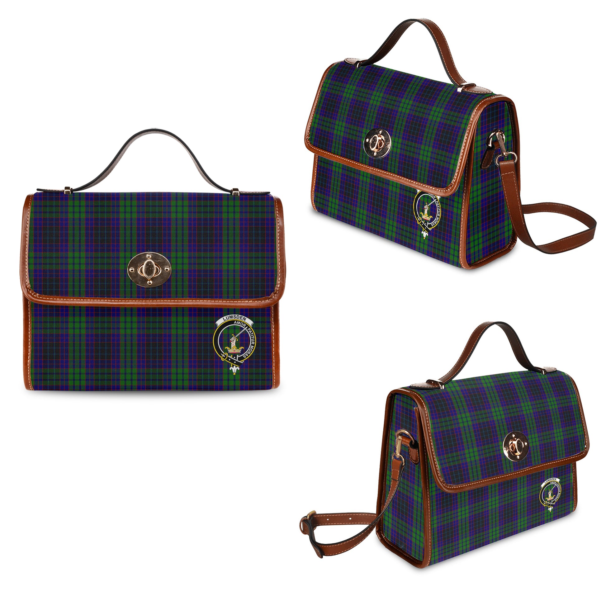 lumsden-green-tartan-leather-strap-waterproof-canvas-bag-with-family-crest