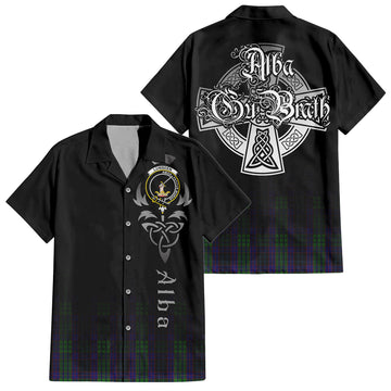 Lumsden Green Tartan Short Sleeve Button Up Shirt Featuring Alba Gu Brath Family Crest Celtic Inspired