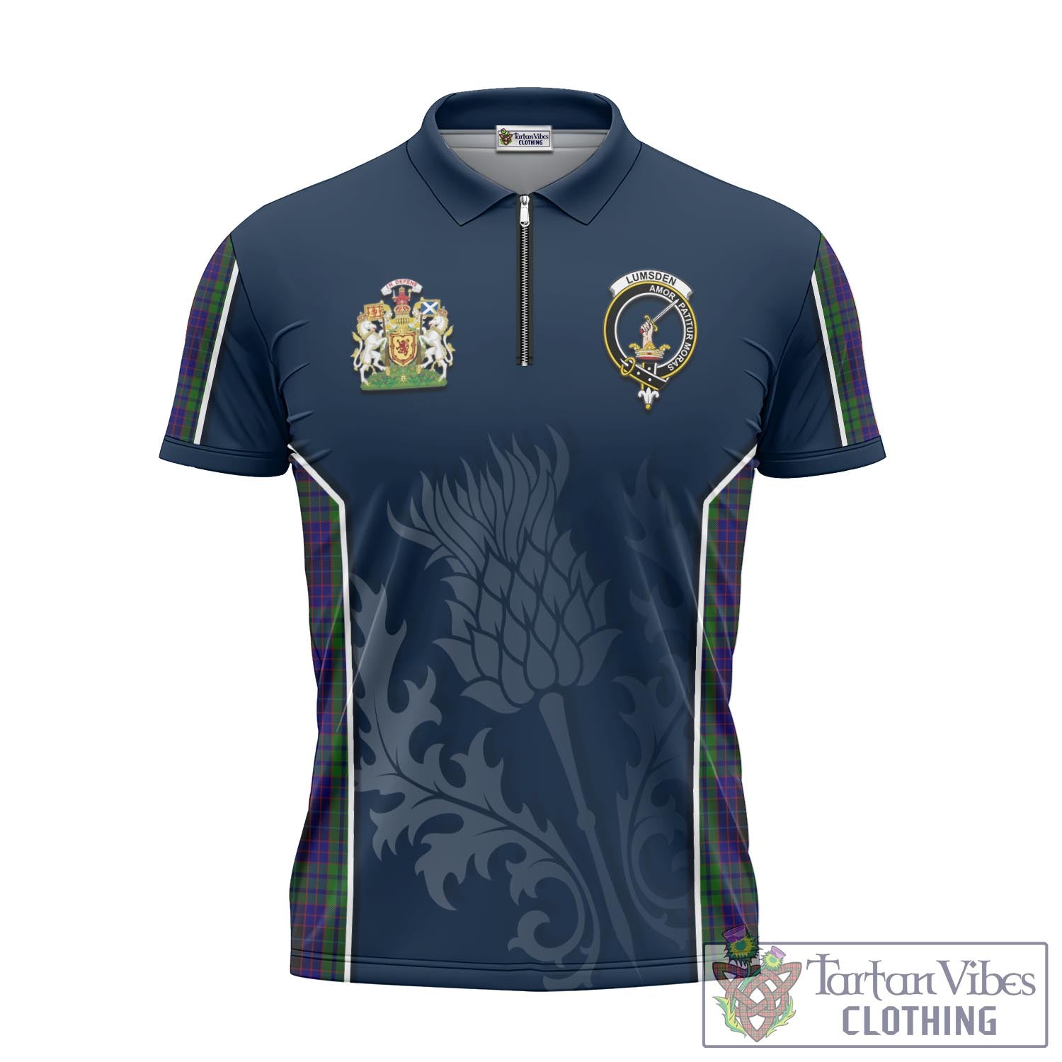 Tartan Vibes Clothing Lumsden Green Tartan Zipper Polo Shirt with Family Crest and Scottish Thistle Vibes Sport Style