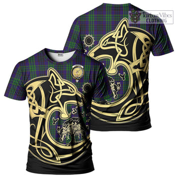 Lumsden Green Tartan T-Shirt with Family Crest Celtic Wolf Style