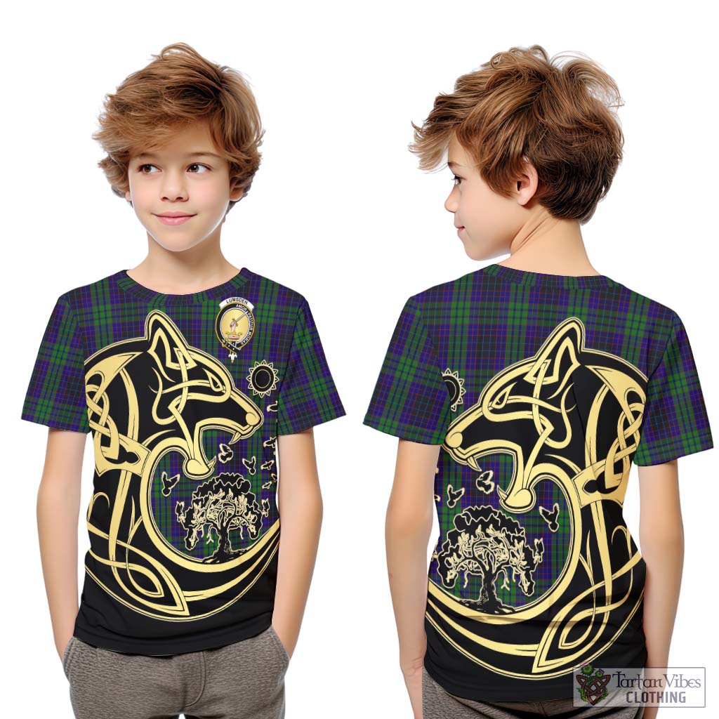 Tartan Vibes Clothing Lumsden Green Tartan Kid T-Shirt with Family Crest Celtic Wolf Style