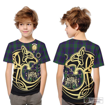Lumsden Green Tartan Kid T-Shirt with Family Crest Celtic Wolf Style