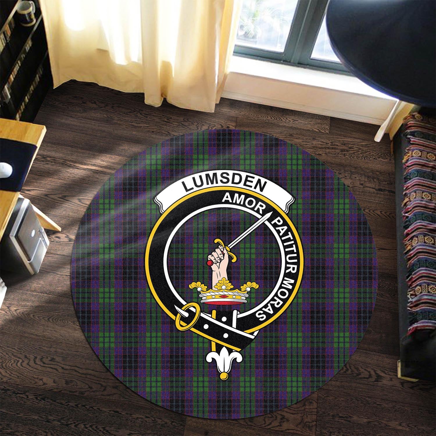 lumsden-green-tartan-round-rug-with-family-crest