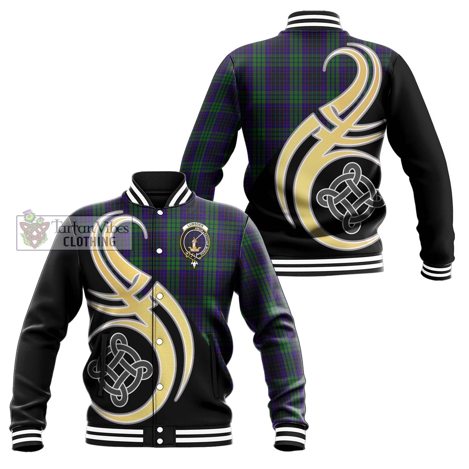 Tartan Vibes Clothing Lumsden Green Tartan Baseball Jacket with Family Crest and Celtic Symbol Style
