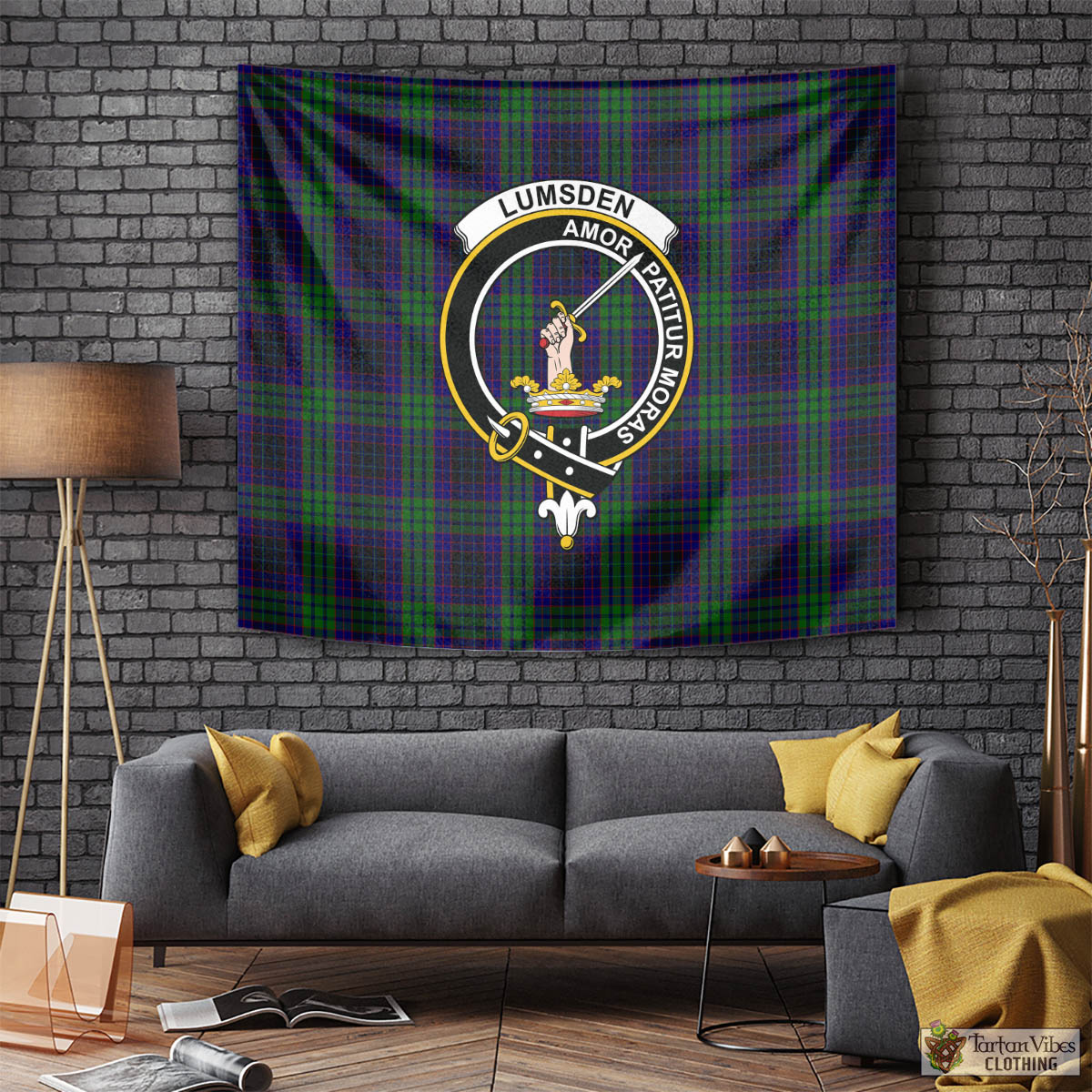 Tartan Vibes Clothing Lumsden Green Tartan Tapestry Wall Hanging and Home Decor for Room with Family Crest