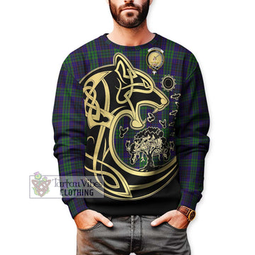 Lumsden Green Tartan Sweatshirt with Family Crest Celtic Wolf Style