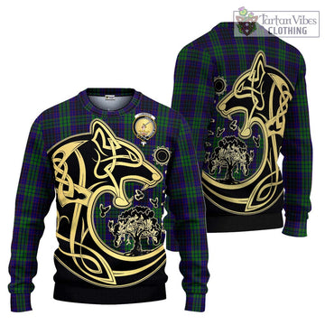 Lumsden Green Tartan Knitted Sweater with Family Crest Celtic Wolf Style