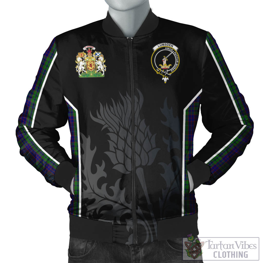 Tartan Vibes Clothing Lumsden Green Tartan Bomber Jacket with Family Crest and Scottish Thistle Vibes Sport Style