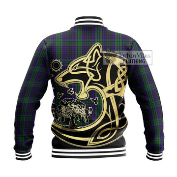 Lumsden Green Tartan Baseball Jacket with Family Crest Celtic Wolf Style