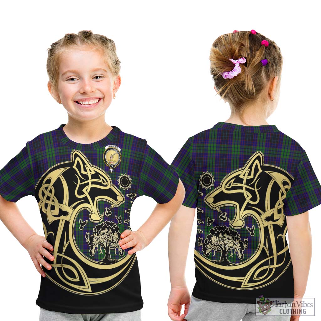 Tartan Vibes Clothing Lumsden Green Tartan Kid T-Shirt with Family Crest Celtic Wolf Style